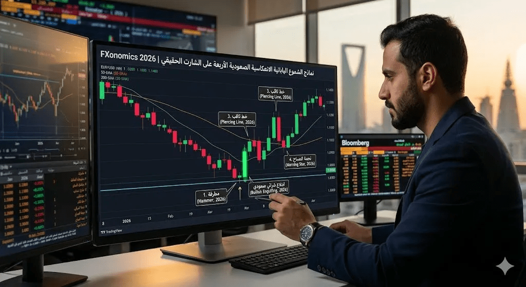 نماذج الشموع اليابانية الانعكاسية الصعودية: شمعة المطرقة والابتلاع الصعودي وPiercing وMorning Star على شارت الفوركس مع الشموع اليابانية شرح تفصيلي